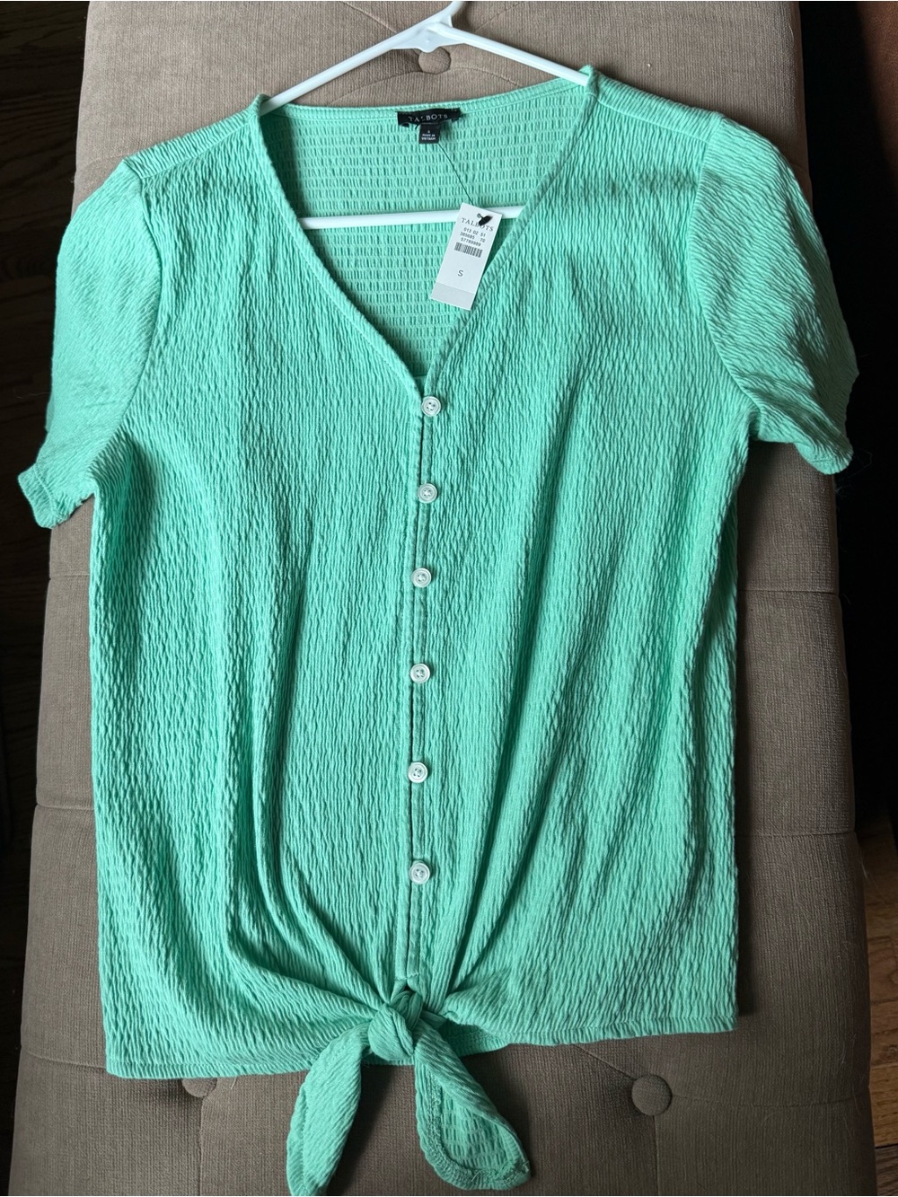 Reduced! New price! Talbots Mint Green Button-Front Tie-Hem Top